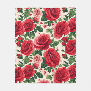 Vibrant Rose Pattern With Red And Pink Roses Fleece Blanket