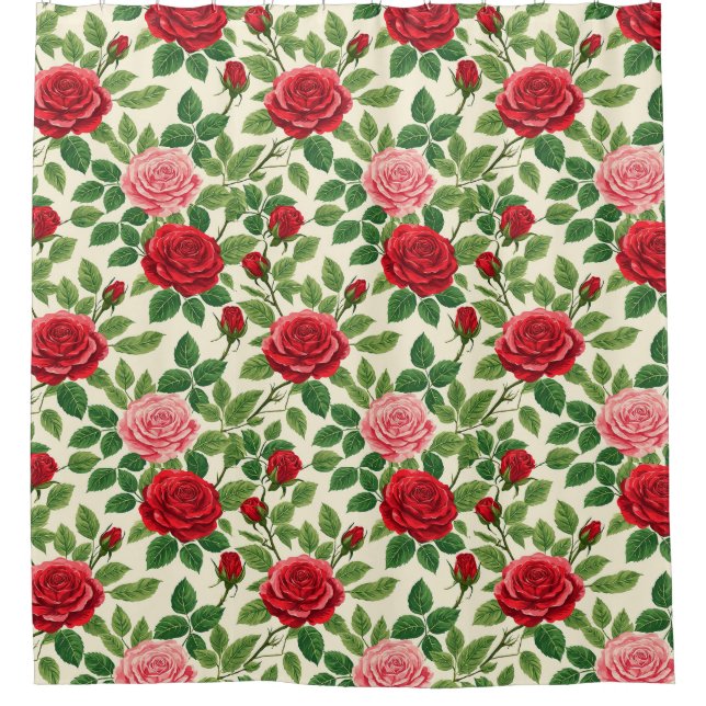 Vibrant Rose Pattern With Red And Pink Roses Shower Curtain (Front)