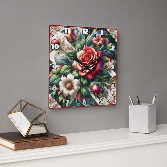 Vibrant Roses and Lilies Arrangement Square Wall Clock (Office)