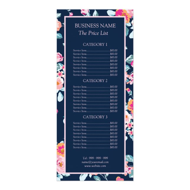 Vibrant Roses Pink Floral Pattern Price List Menu (Front)