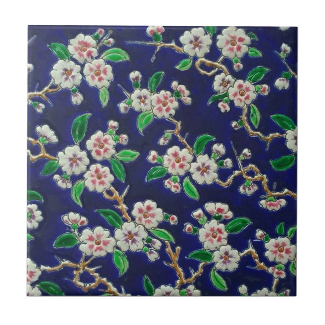 Vibrant Royal Blue Cherry Blossoms Antique Repro Tile (Front)