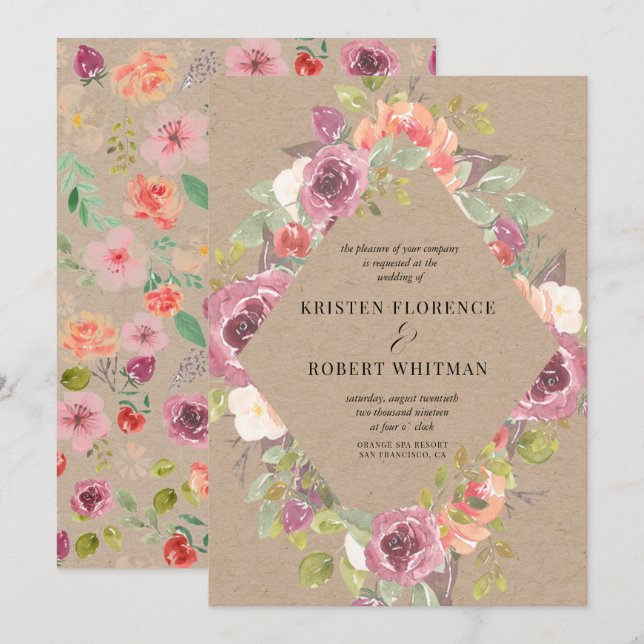 Vibrant Rustic Floral Kraft Wedding Invitation (Front/Back)