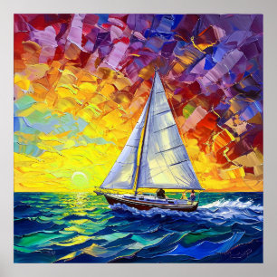 Vibrant Sailboat Journey Through Colourful Sunset Poster
