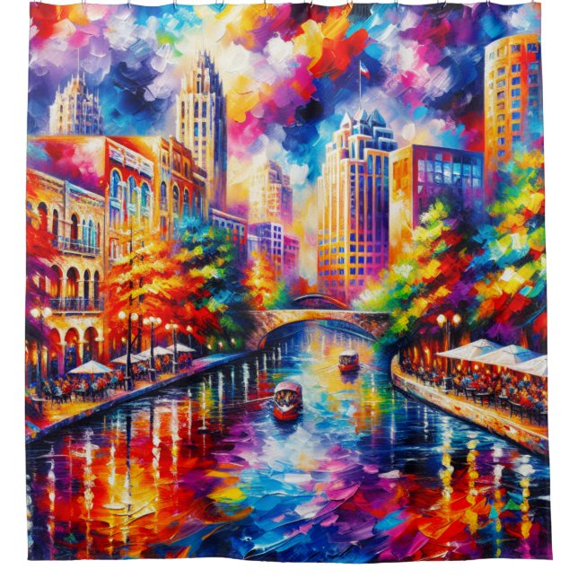 “Vibrant San Antonio Riverwalk with Riverboats" Shower Curtain (Front)