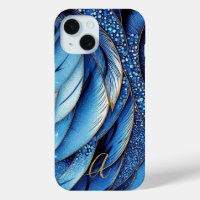 Vibrant Sapphire Blue Gold Feathers Monogrammed