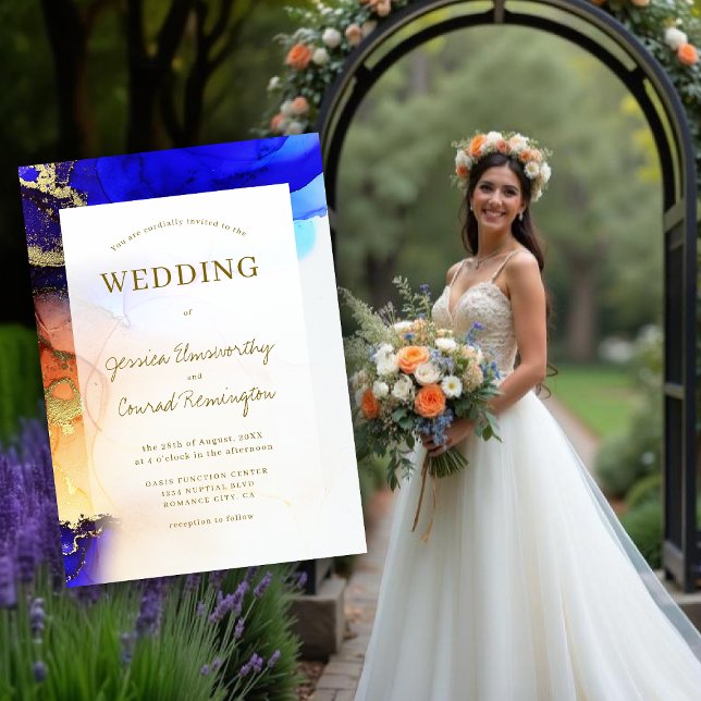 Vibrant Sapphire Blue Gold Orange Wedding Invitation (Vibrant Sapphire Blue Gold Orange Wedding Invitation. Model is AI Gen.)