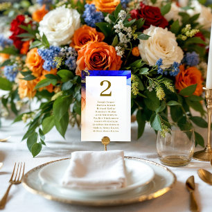 Vibrant Sapphire Blue & Gold Wedding Reception Table Number