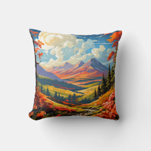 Vibrant Scenic Valley Landscape Illustration Cushion