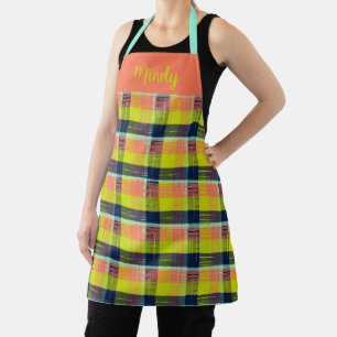 Vibrant Scribble Plaid Design in Yellow Coral Navy Apron