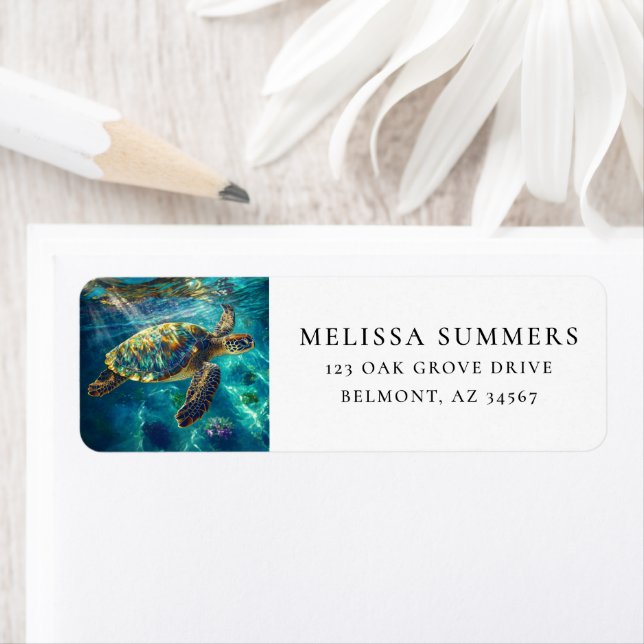 Vibrant Sea Turtle Art Return Address (Insitu)