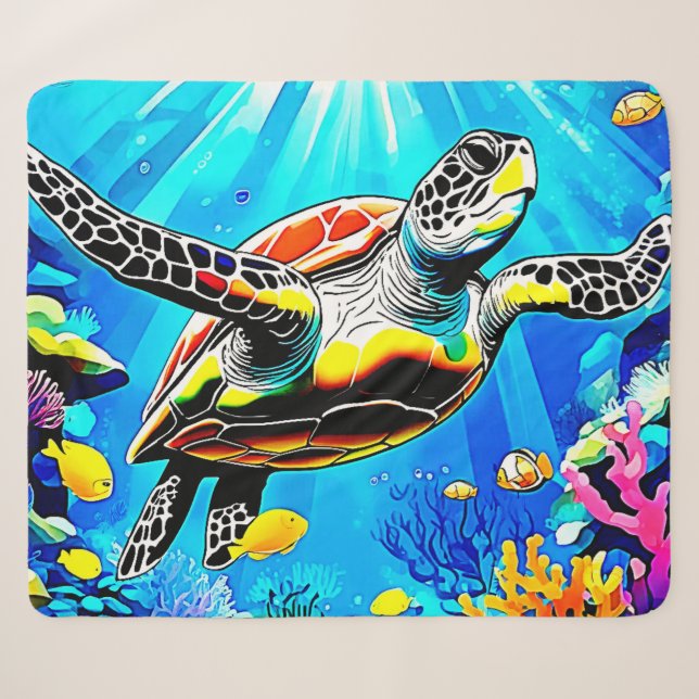 Vibrant Sea Turtle Dreamscape Sherpa Blanket (Front (Horizontal))