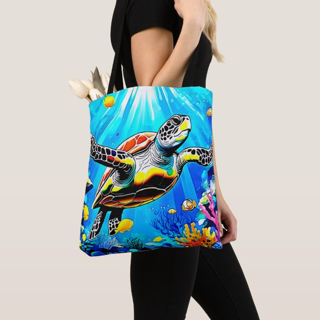 Vibrant Sea Turtle Dreamscape Tote Bag (Close Up)