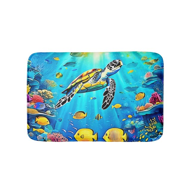 Vibrant Sea Turtle Reef Art Bath Mat (Front)