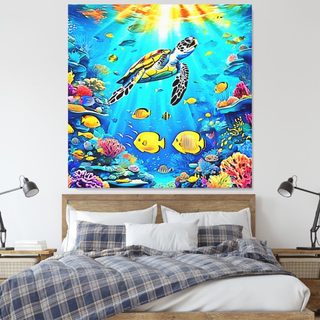 Vibrant Sea Turtle Reef Art Canvas Print (Insitu(Bedroom))