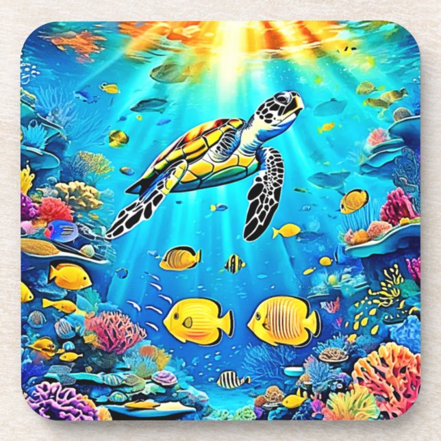 Vibrant Sea Turtle Reef Art Coaster (Front)