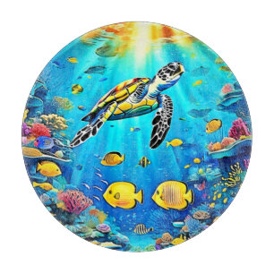 Vibrant Sea Turtle Reef Art Cutting Board