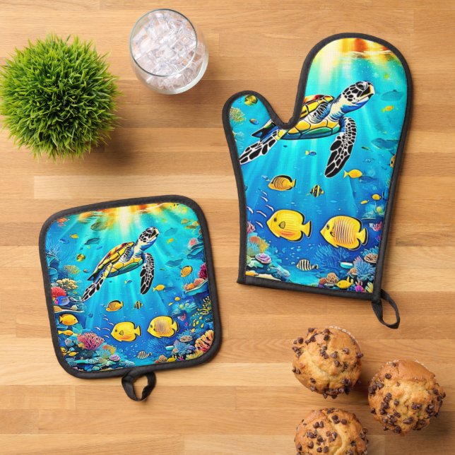 Vibrant Sea Turtle Reef Art Oven Mitt & Pot Holder Set (Top Down)