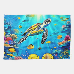 Vibrant Sea Turtle Reef Art Tea Towel