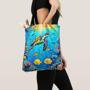 Vibrant Sea Turtle Reef Art Tote Bag
