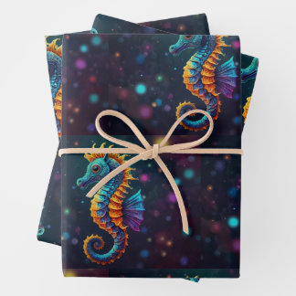 Vibrant Seahorse Parade – Colourful Ocean-Inspired Wrapping Paper Sheet