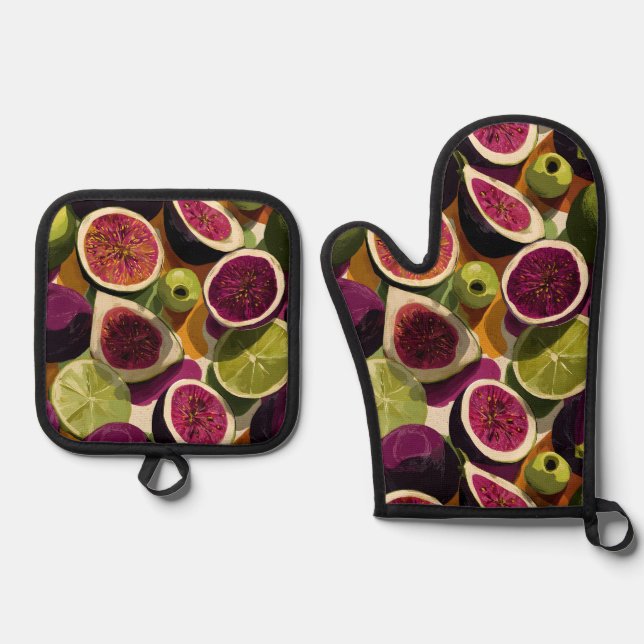 Vibrant Seamless Pattern of Sliced Figs and Limes Oven Mitt & Pot Holder Set (Front)