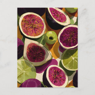 Vibrant Seamless Pattern of Sliced Figs and Limes Postcard