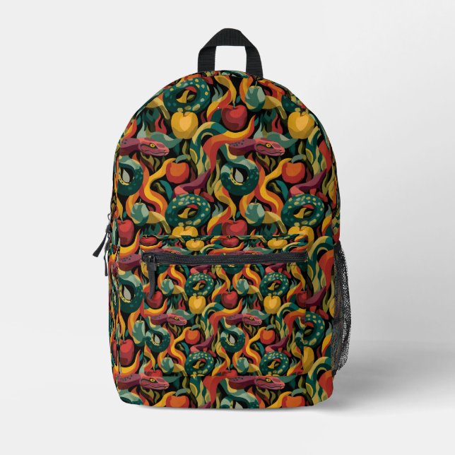 Vibrant Seamless Pattern with Snakes and Apples Printed Backpack (Front)