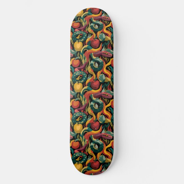 Vibrant Seamless Pattern with Snakes and Apples Skateboard (Front)