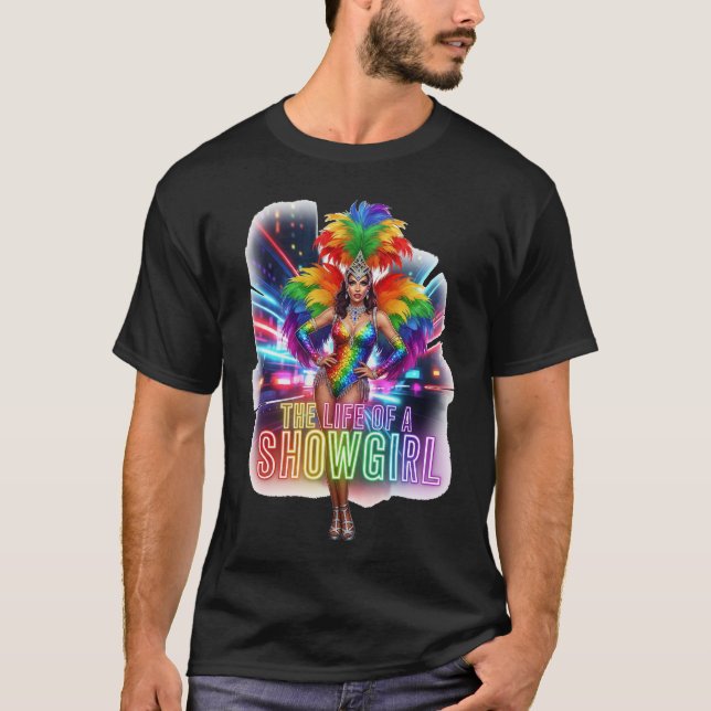 Vibrant showgirl in dazzling rainbow costume, read T-Shirt (Front)