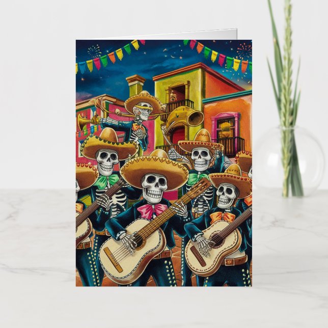 Vibrant Skeleton Mariachi Band Día de Los muertos Foil Greeting Card (Front)