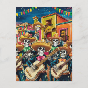 Vibrant Skeleton Mariachi Band Día de Los muertos Holiday Postcard
