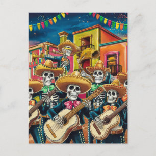 Vibrant Skeleton Mariachi Band Día de Los muertos Holiday Postcard