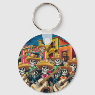 Vibrant Skeleton Mariachi Band Día de Los muertos Key Ring