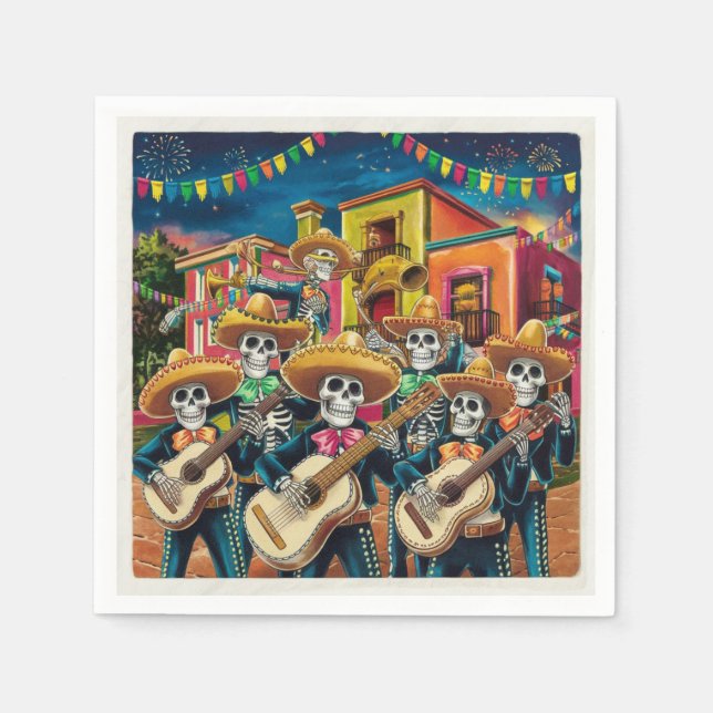 Vibrant Skeleton Mariachi Band Día de Los muertos Napkin (Front)