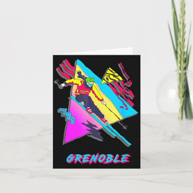 Vibrant skiing design featuring grenoble text ski card (Front)