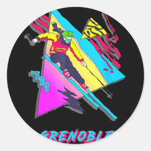 Vibrant skiing design featuring grenoble text ski classic round sticker