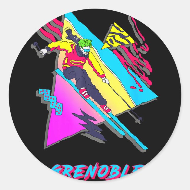 Vibrant skiing design featuring grenoble text ski classic round sticker (Front)