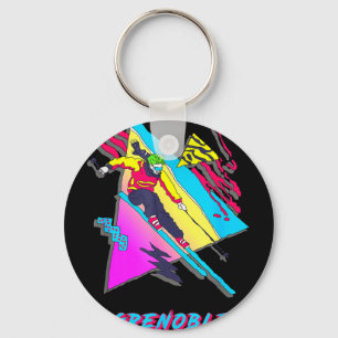 Vibrant skiing design featuring grenoble text ski key ring