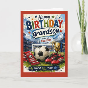 vibrant soccer-themed Red Grandson birthday card 