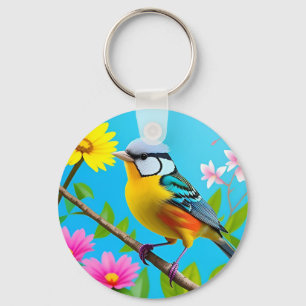 Vibrant Songbird Perched on a Flowering Branch Key Ring