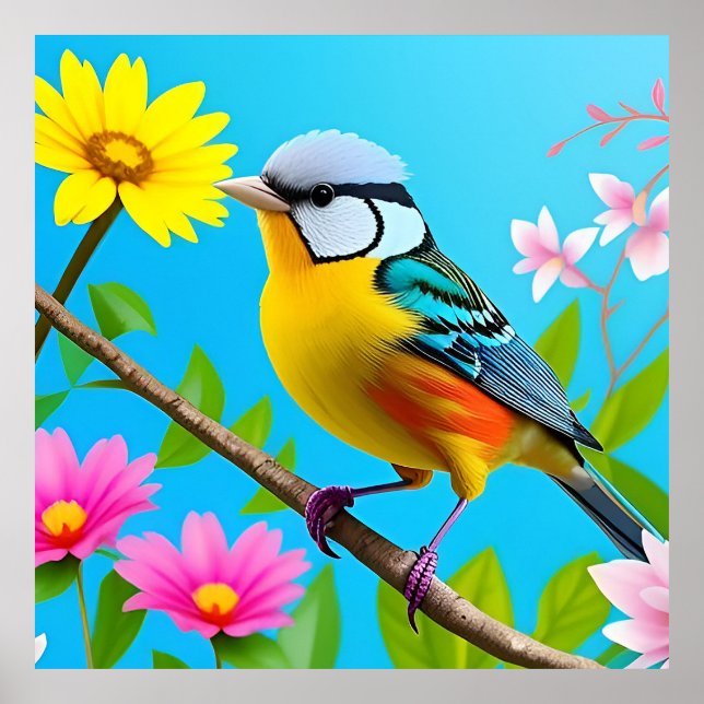 Vibrant Songbird Perched on a Flowering Branch Poster (Front)