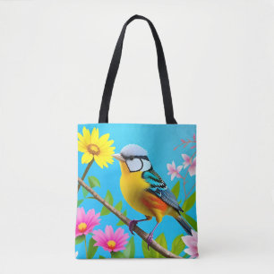 Vibrant Songbird Perched on a Flowering Branch Tote Bag