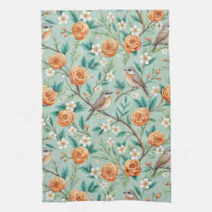 Vibrant Songbirds Orange Flowers Green Leaves Tea Towel