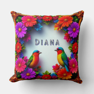 Vibrant Songbirds Surrounded by Floral Frame Cushion