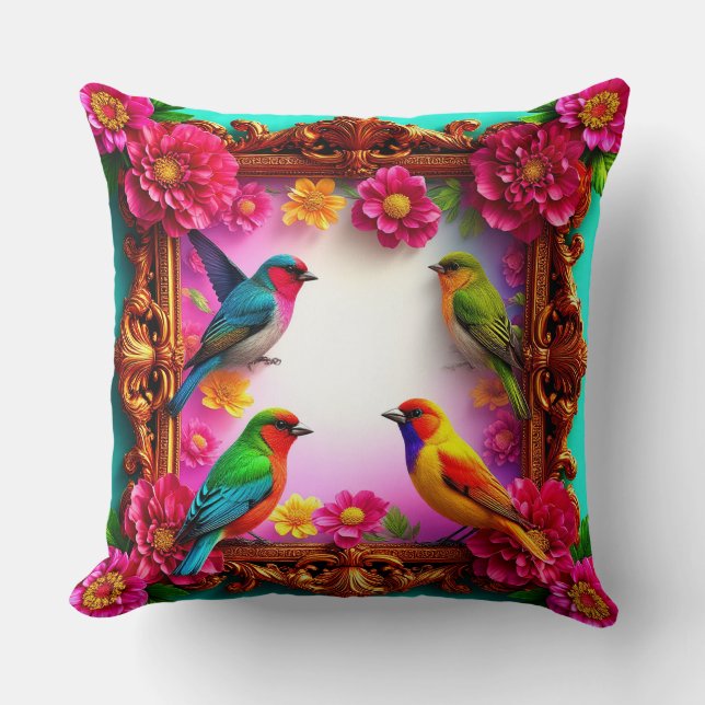 Vibrant Songbirds Surrounded by Floral Frame Cushion (Front)