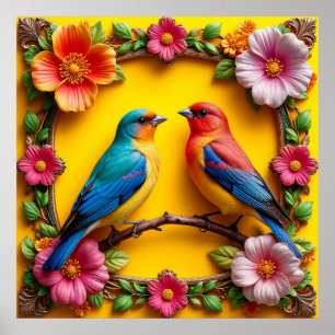 Vibrant Songbirds Surrounded by Floral Frame Poster