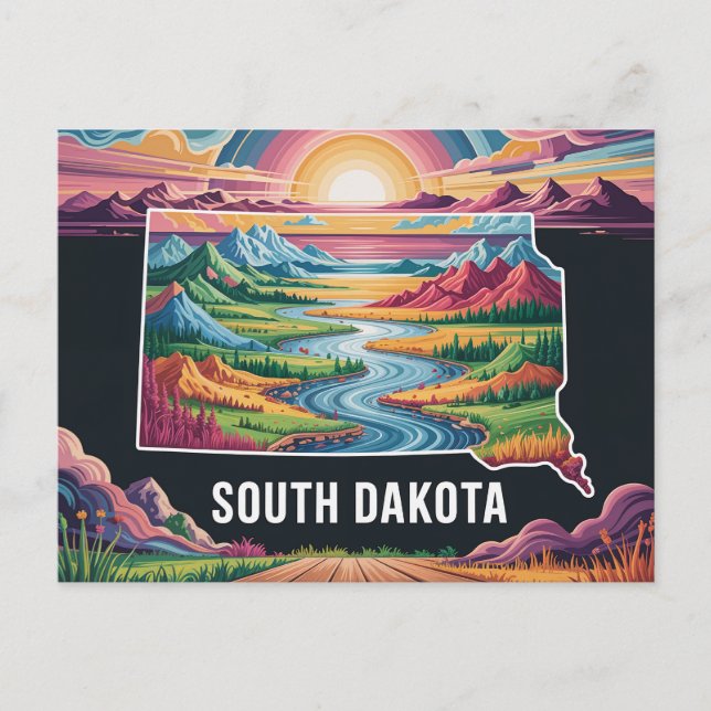 Vibrant South Dakota Map Art Holiday Postcard (Front)
