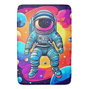 Vibrant Space Cartoon Art: Astronaut Dreams Bath Mat