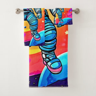 Vibrant Space Cartoon Art: Astronaut Dreams Bath Towel Set