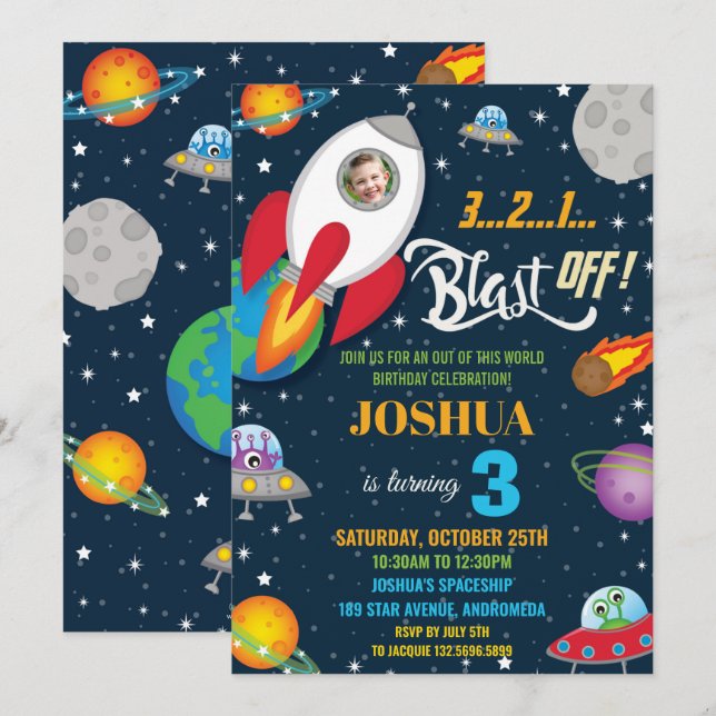 Vibrant Space Rocket Ship Planets Birthday Photo Invitation (Front/Back)